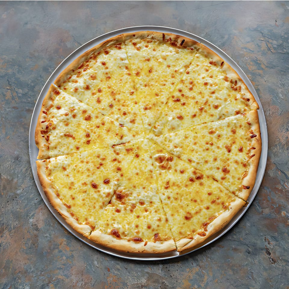 A large, sliced cheese pizza from D-Ray's Pizzeria on a metal pan, against a dark, textured background.