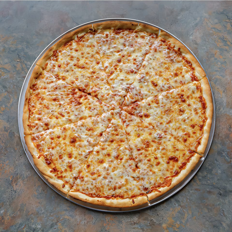 A large, round D-Ray's Pizzeria cheese pizza, cut into slices, on a metal tray.
